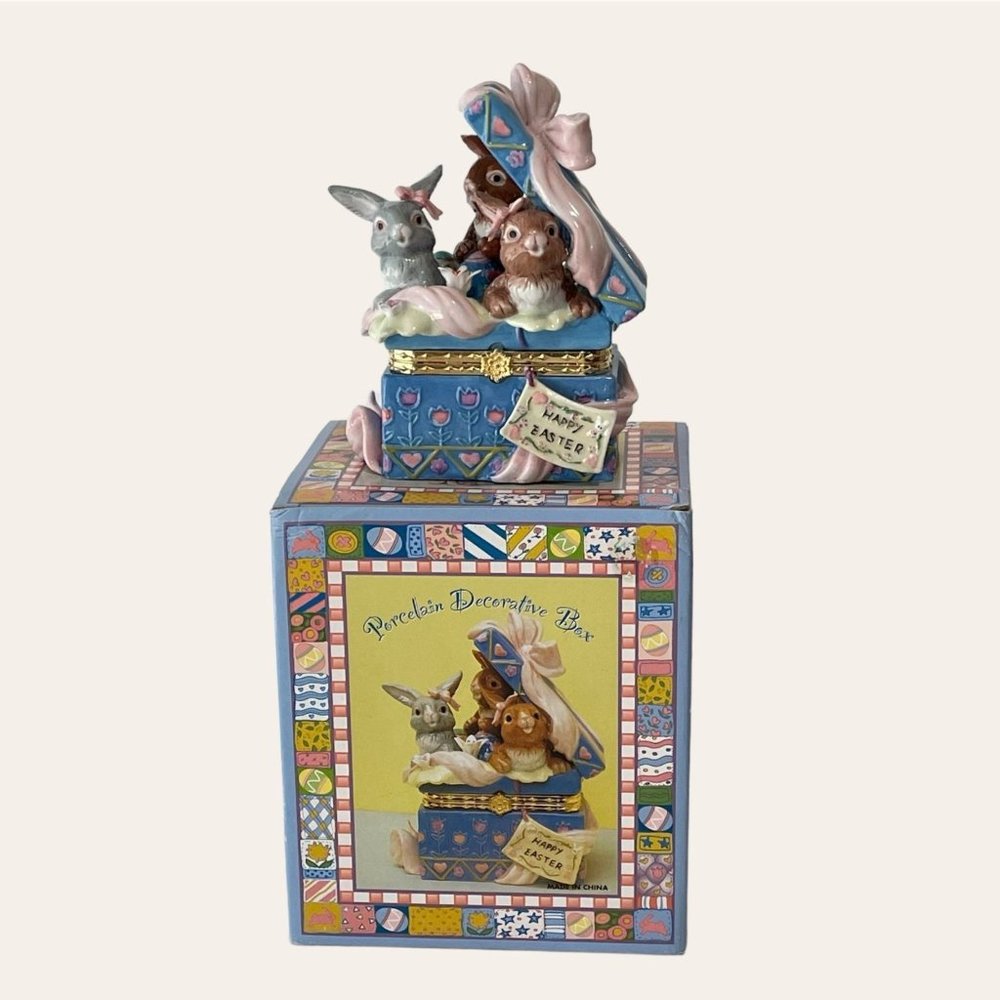 CWC Porcelain Box Easter Bunnies & Eggs Hinged Keepsake Hand Painted Home Decor